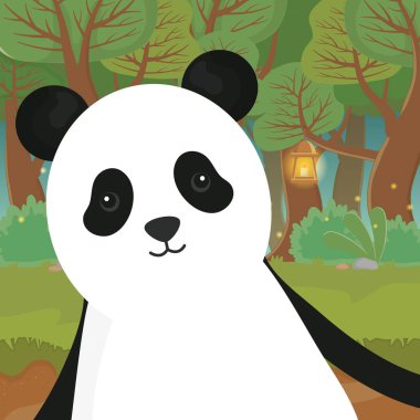 cute animal panda with lamp in the forest