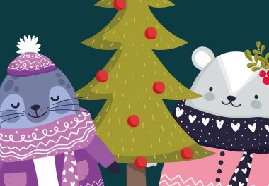 merry christmas celebration cute monk seal and rabbit with sweater and tree