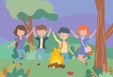 young people happy campfire nature landscape