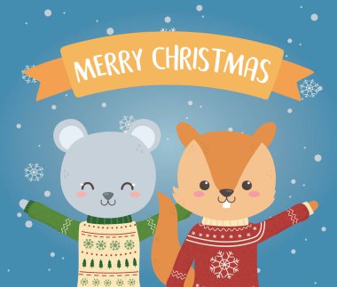 merry christmas celebration bear and squirrel with ugly sweater