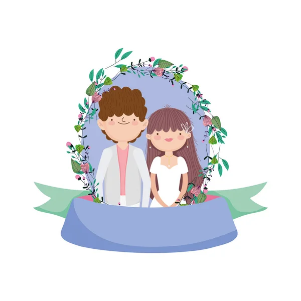 Wedding couple, groom and bride cartoon flowers frame decoration — Vector de stock