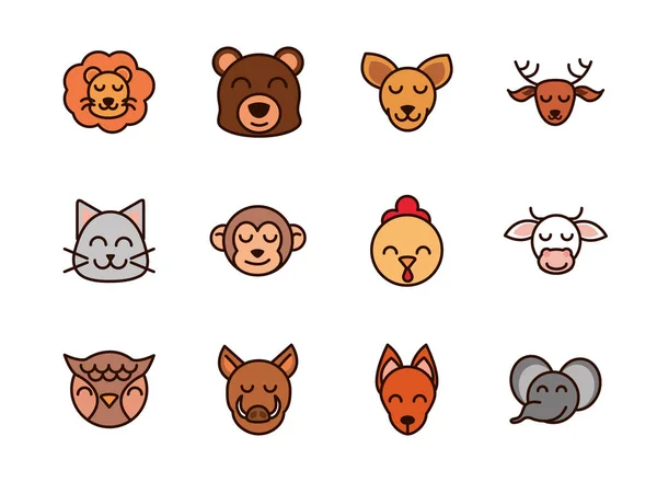 Cute face animals cartoon icons set — 图库矢量图片