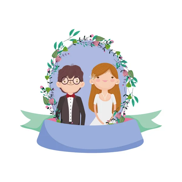 Wedding couple, groom and bride cartoon flowers frame decoration — Stockvektor