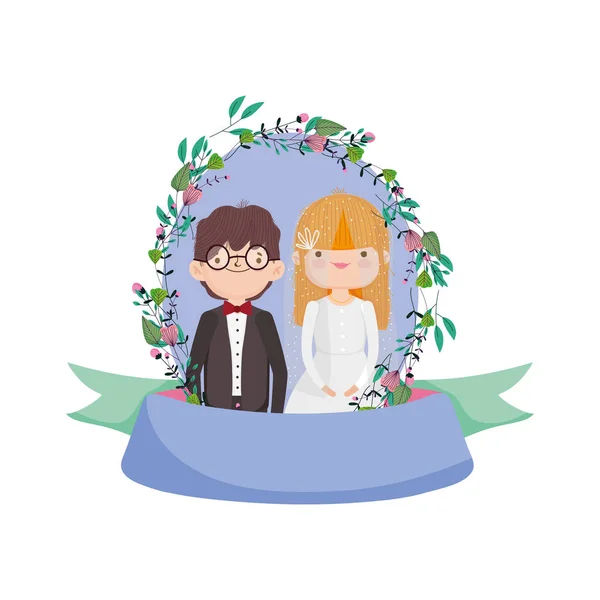 Wedding couple, groom and bride cartoon flowers frame decoration — Archivo Imágenes Vectoriales