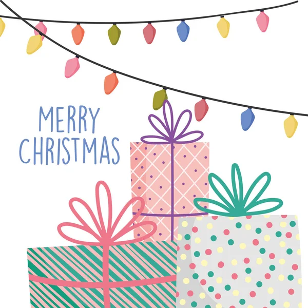 Merry christmas celebration decoration gits with ribbon and lights — Vector de stock