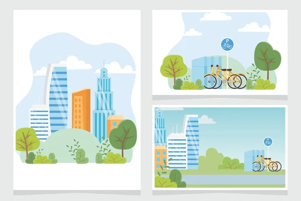 Urban ecology parking bicycles city street park trees outdoors cards — Stockvektor