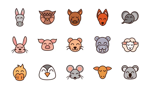 Cute face animals cartoon icons set — Archivo Imágenes Vectoriales