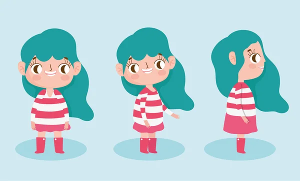 Cartoon character animation little girl with red striped dress different posture — Vetor de Stock
