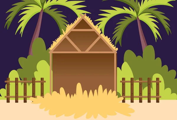 Manger hut palms bushes escena — Vector de stock