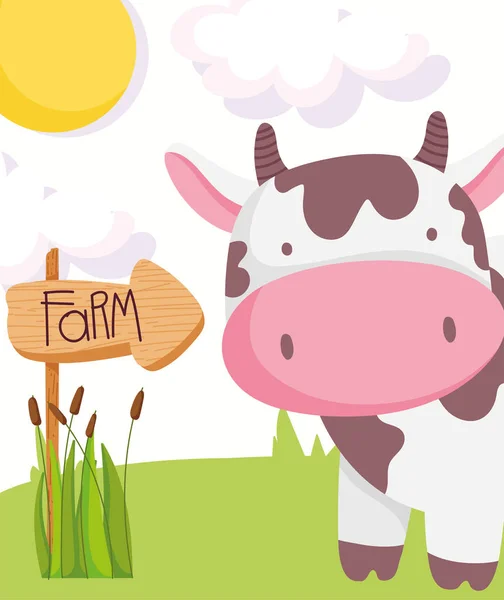 Roztomilý kráva dřevěný znak pole nebe farma zvířata — Stockový vektor