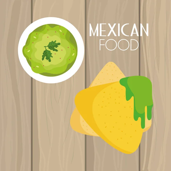 Nachos with guacamole mexican food, traditional celebration design — Stock Vector