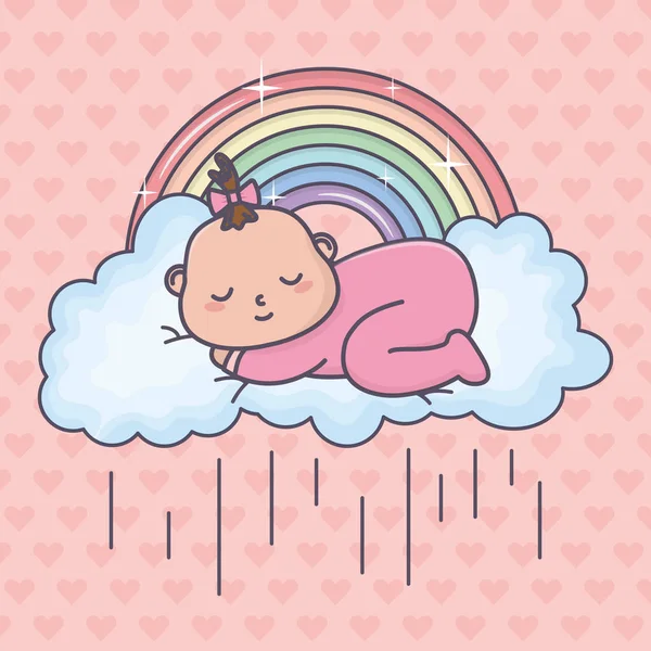 Baby shower sleeping little girl cloud rainbow — Stockvector