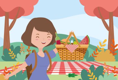 smiling woman basket food picnic nature landscape