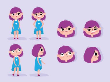 cartoon character animation girl faces with gestures and different posture bodies