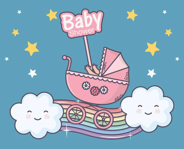 Bambino doccia bambina in carrozzina su arcobaleno nuvola stelle — Vettoriale Stock