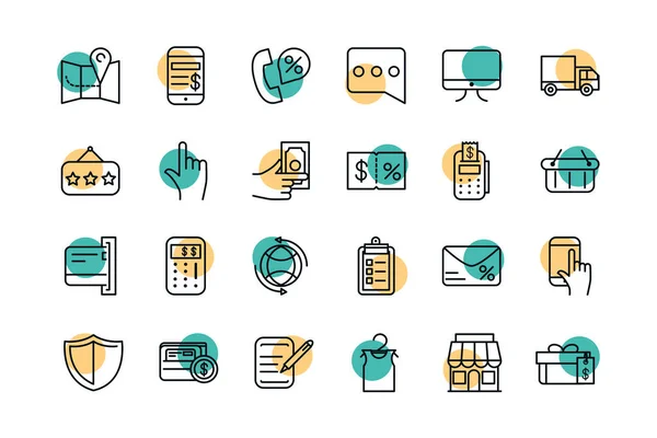 Shopping commercial icons set line style dot color — Stockvektor