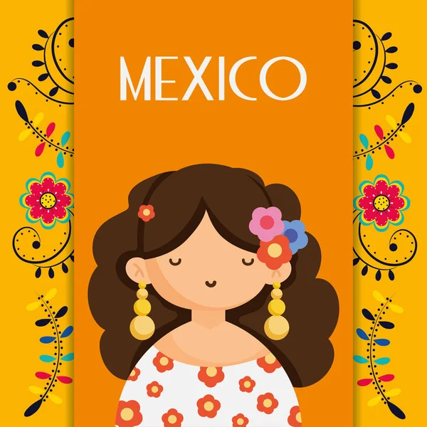 Cute woman with flowers in head mexico traditional floral decoration card — Stock Vector