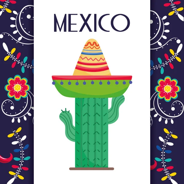Cactus with hat flowers decoration mexico traditional event card. — Archivo Imágenes Vectoriales