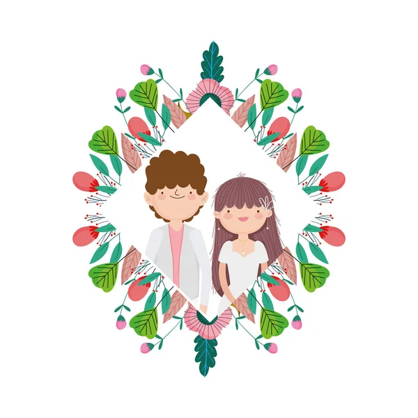 Wedding couple, groom and bride cartoon flowers frame decoration — стоковый вектор