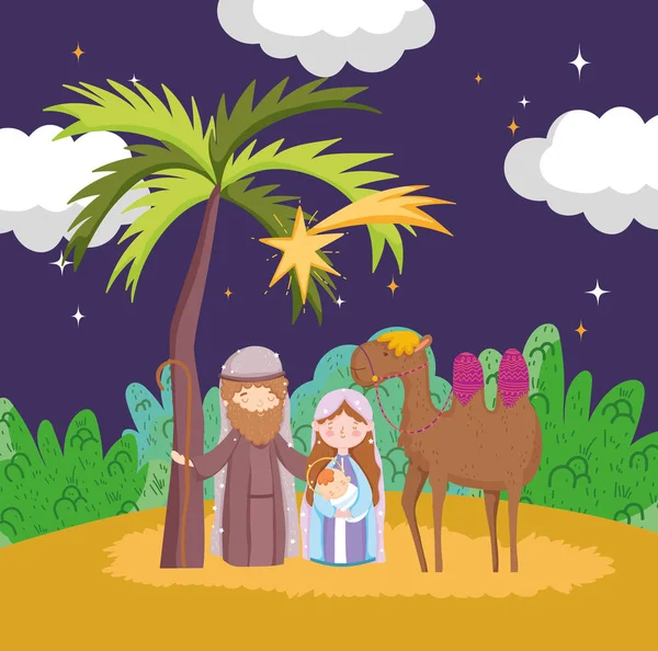 Joseph mary baby jesus and camel night desert manger nativity, merry christmas — Stockvector