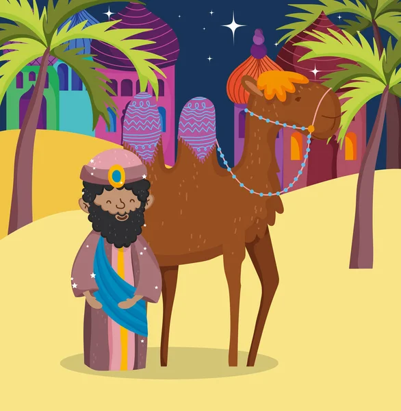 Wise king and camel desert manger nativity, merry christmas — Stock vektor