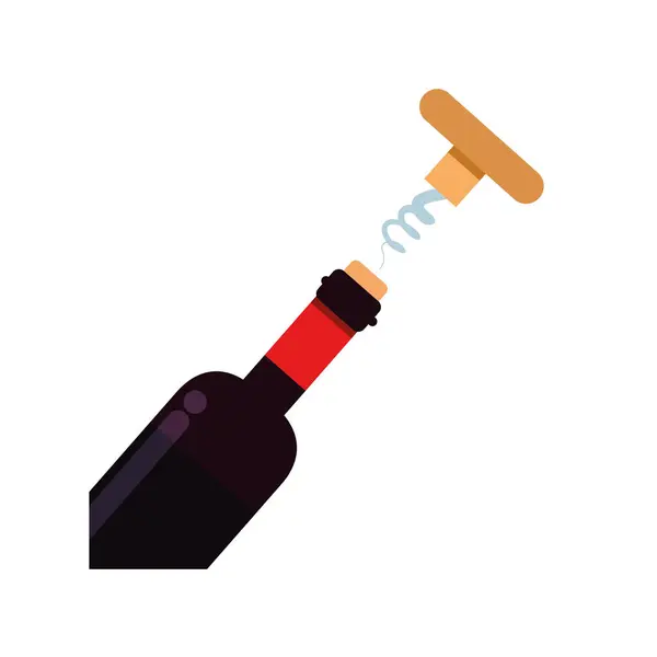 Wijnfles met kurkentrekker platte stijl icoon — Stockvector