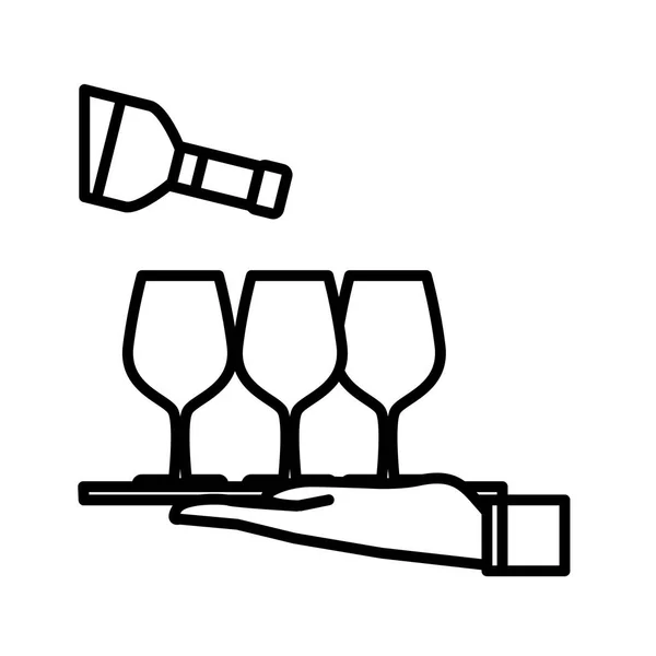 Wine bottle with glass cups in waiter tray line style — Stock vektor