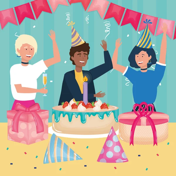 Feliz aniversário, pessoas bolo presentes confete bunting chapéus celebração festa evento decoração —  Vetores de Stock