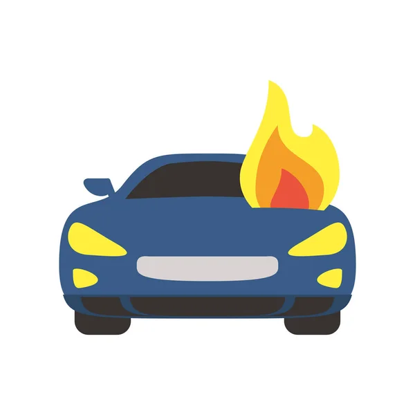 Coche quemado con llamas de fuego icono de estilo plano — Vector de stock