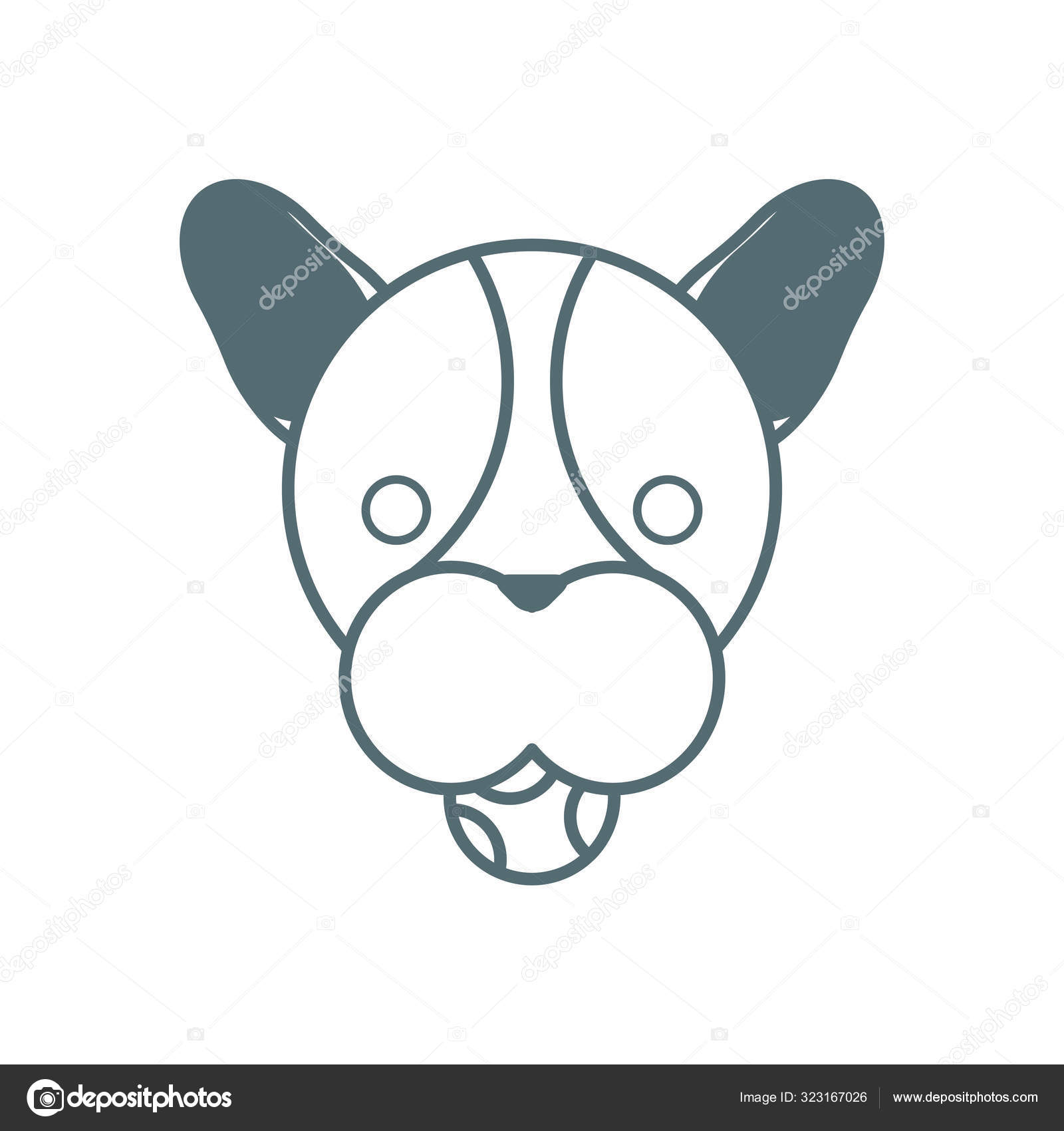 Cute Little Dog French Bulldog Head With Ball Line Style Icon.
