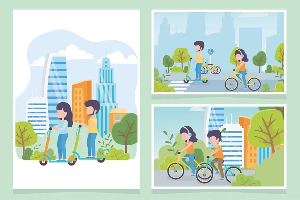 Urban ecology people transport bike eletric scooter park street — 스톡 벡터