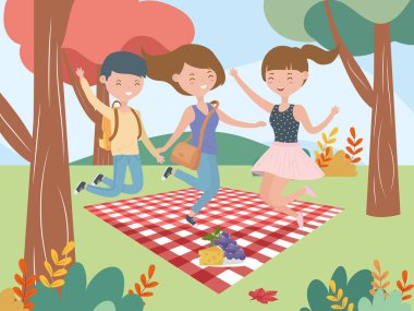 women and man jumpin blanket fruits picnic nature landscape