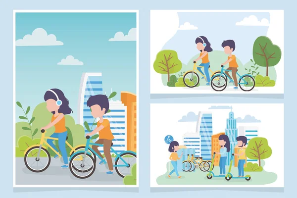 Міська екологія люди велосипедисти та електричні скутери транспортують місто — стоковий вектор