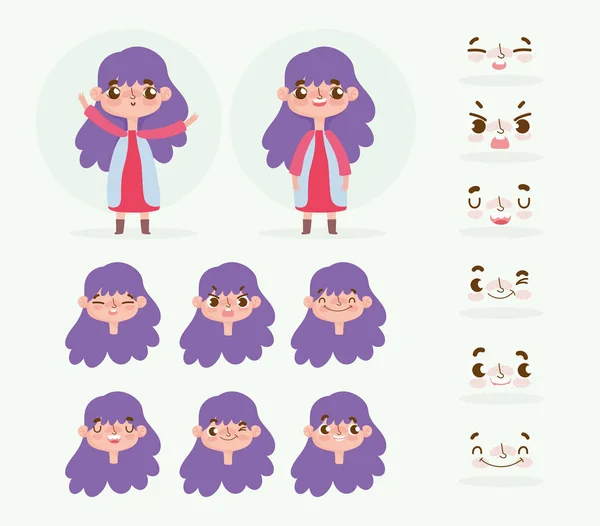 Cartoon character animation little girl with purple hair and face emotions - Stok Vektor