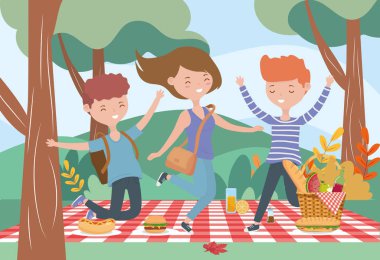 happy men and woman picnic food nature outdoors