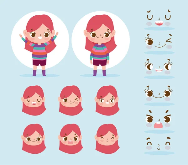 Cartoon character animation little girl expressions various faces — Vetor de Stock