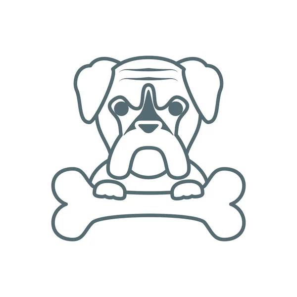 Cute little dog boxer with bone line style icon — Vector de stock