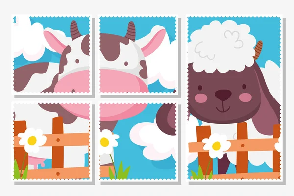 Vaca y oveja, la valla de madera floriza las tarjetas de animales de granja — Vector de stock