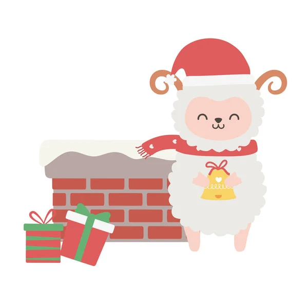Chimenea de oveja linda con regalos navideños de nieve. — Vector de stock