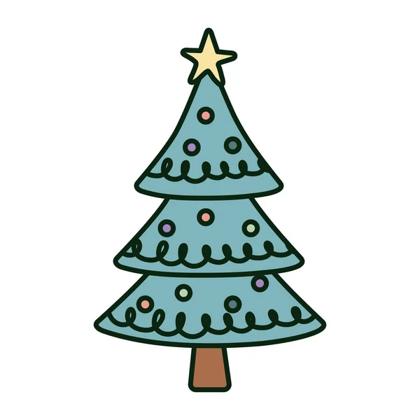 Dekorerad tall träd stjärna bollar glad jul — Stock vektor