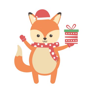 Hediyesi ve atkısı olan şirin tilki. Mutlu Noeller.