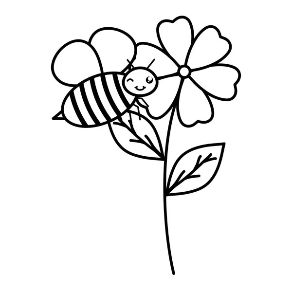 小さな蜂がかわいいキャラクターを飛んで花の庭 — ストックベクタ