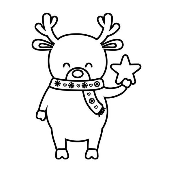 Reindeer with scarf holding star decoration merry christmas line style — стоковый вектор