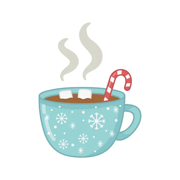 Xícara de chocolate com cana doce marshmallow decoração feliz natal — Vetor de Stock