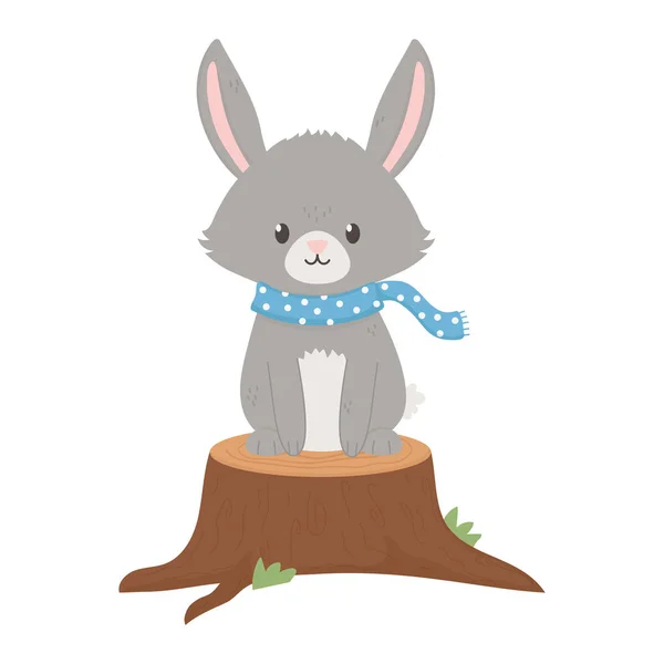 Conejo lindo con bufanda en otoño de tronco sobre fondo blanco. — Vector de stock