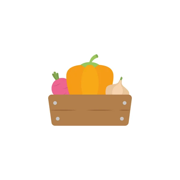 Vegetables in wooden box flat style icon — Stock Vector