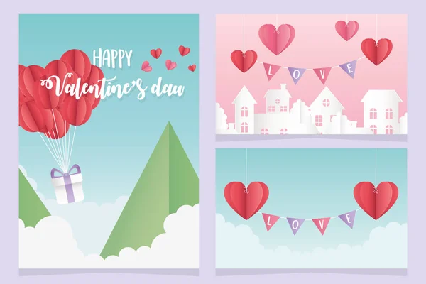 Happy valentines day origami gift hearts balloons mountains — Vetor de Stock