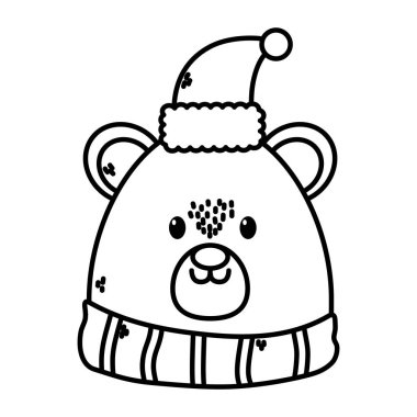 cute bear head with hat happy christmas thick line