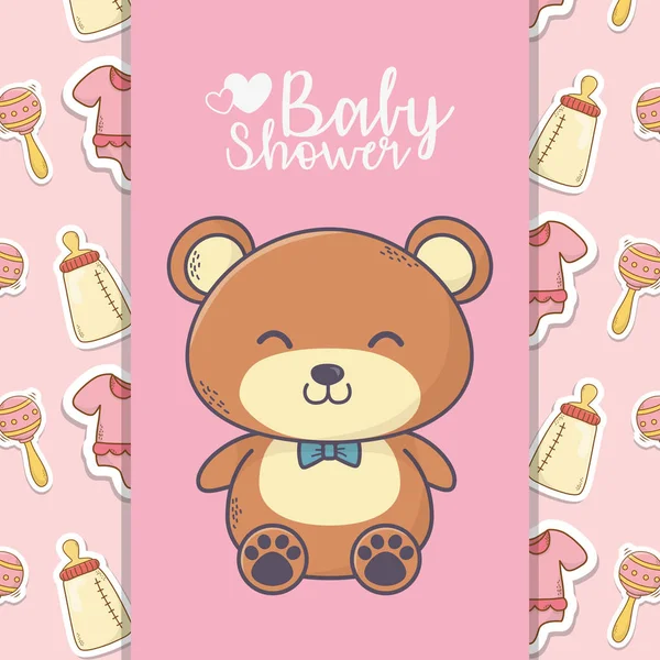Baby shower cute miś zabawka butelka grzechotka tło — Wektor stockowy