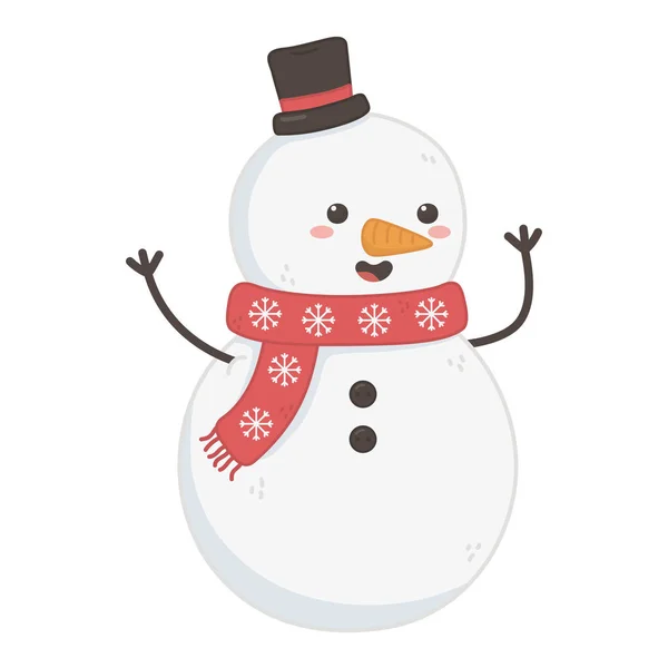 Snowman with black hat and scarf decoration merry christmas — Stock Vector